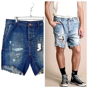 NEW! ONE TEASPOON MAN X Mr Pinks Relaxed Distressed Denim Jean Shorts Size 33